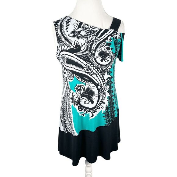 eva varro Tops - Eva Varro Teal & Black Paisley Print Tunic Top One Cold Shoulder Chic Art Size S